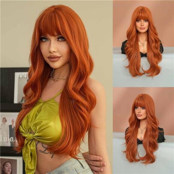 WIGS Long Wavy Orange Wig 28in Natural Heat Resistant Fiber